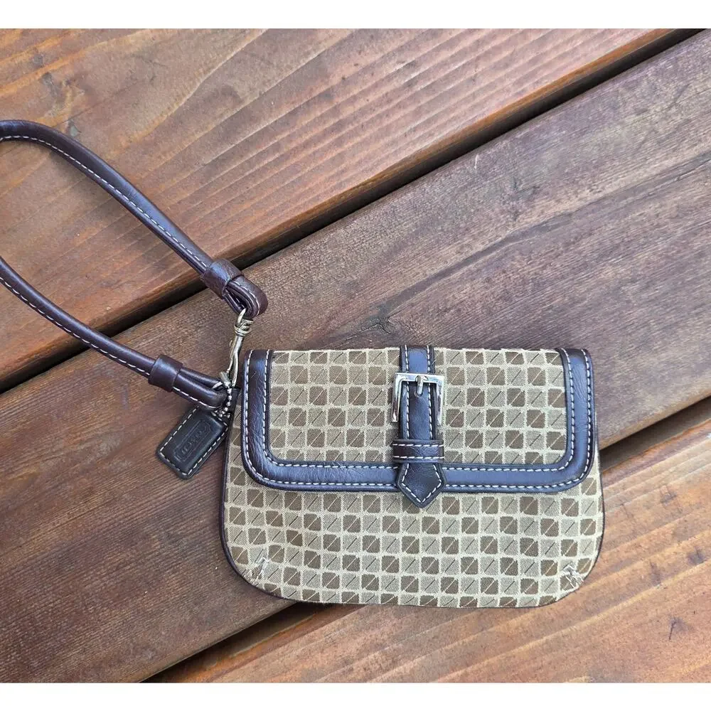 Coach Y2K Signature Jacquard Buckle Wristlet Brown Leather Mini Bag
